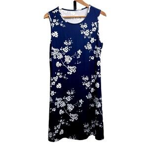 Blue Floral Tank Dress Large Sleeveless Round Neck Stretch Pullover Comfy Casual